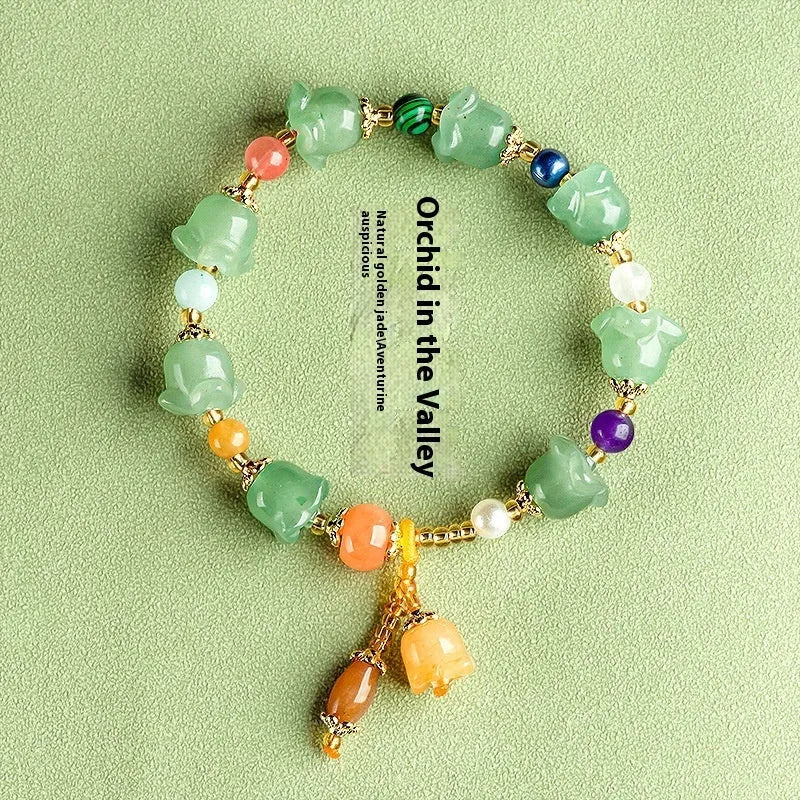 Carved natural Xinjiang Jinsi Jade bracelet with orchid beads in aventurine orchid colour, for wrists 14-18cm.