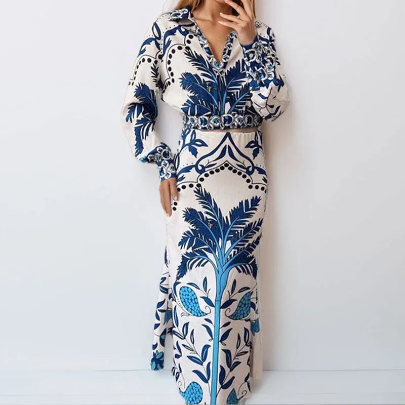 Women's early spring casual fashion set with long sleeve top and matching long skirt in picture colour
