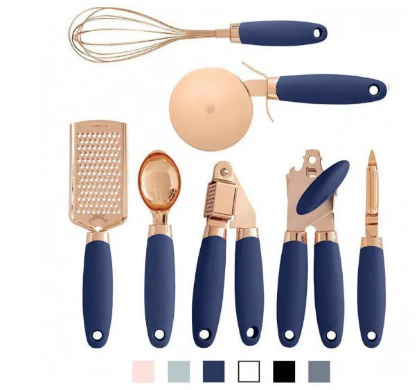 Copper-plated seven-piece kitchen tool set with cutlery rack in assorted colours