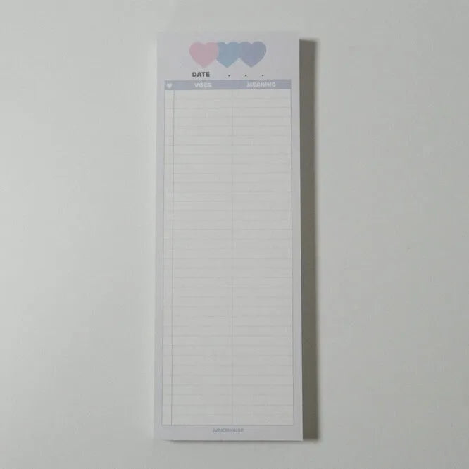 Vertical English words learning notepad with half B5 size measuring 9.1 by 25.7cm