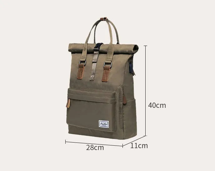 Casual polyester backpack with cover opening showing computer pocket and zipper compartment