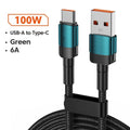 Aluminium alloy woven USB charging cable with 100W PD fast charging in black, blue, purple, or green