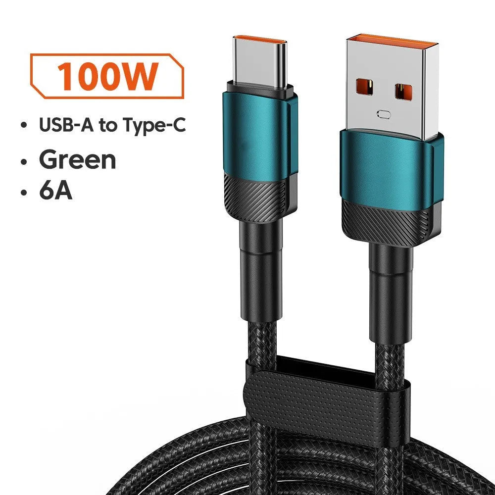 Aluminium alloy woven USB charging cable with 100W PD fast charging in black, blue, purple, or green