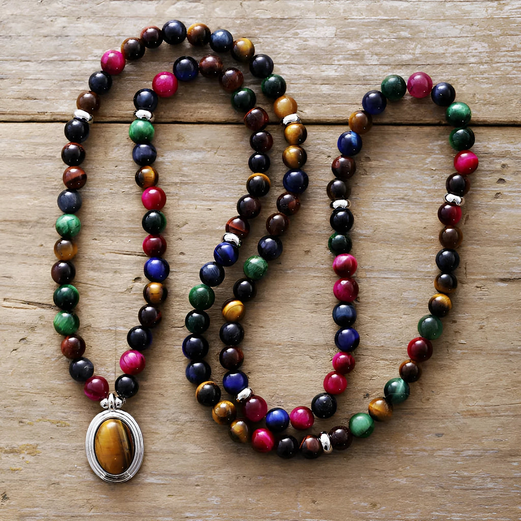 Handmade colour tiger-eye 6mm bead necklace with 108 gemstone-inlaid pendants and matching bracelet.