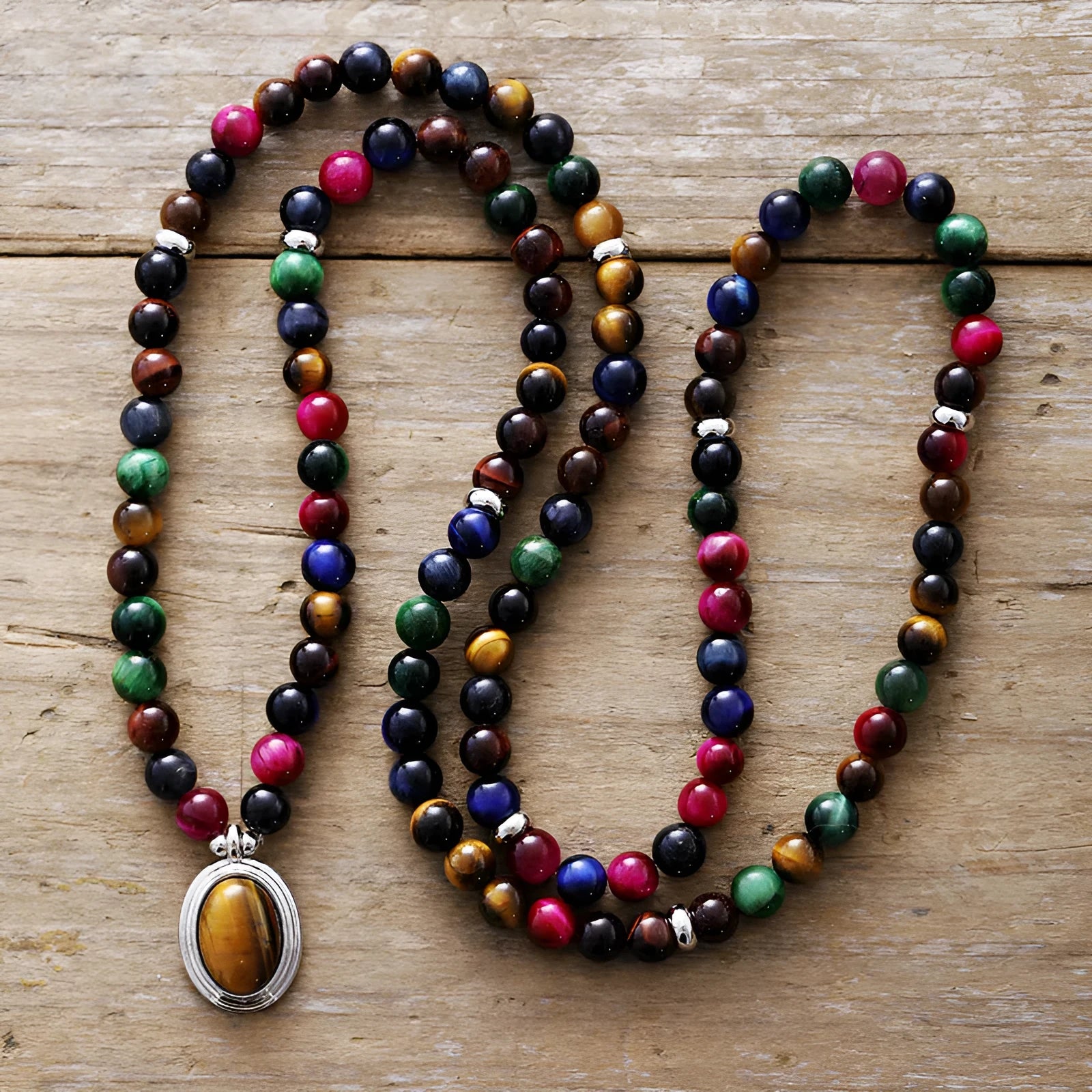 Handmade colour tiger-eye 6mm bead necklace with 108 gemstone-inlaid pendants and matching bracelet.