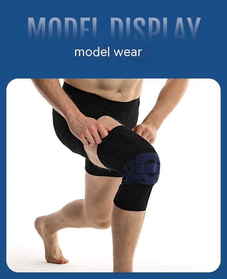 Adult sports knee pad in black and blue colour, made from nylon and spandex material.