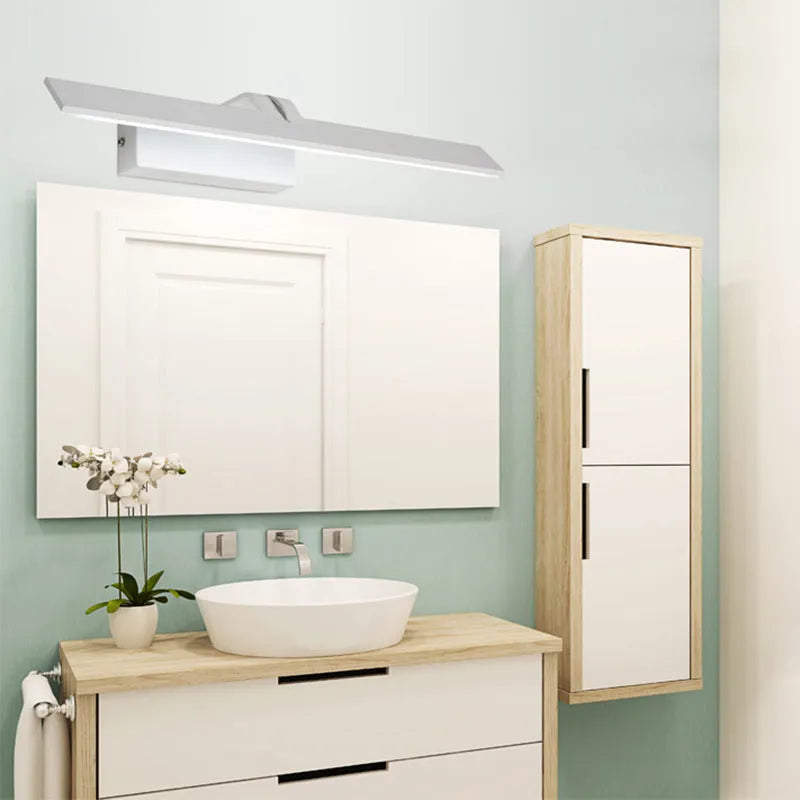 White LED mirror headlight for bathroom with positive white, warm white, and tri-colour dimmable lighting options.