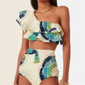 White women's one-shoulder swimsuit with lotus leaf detail and split side design