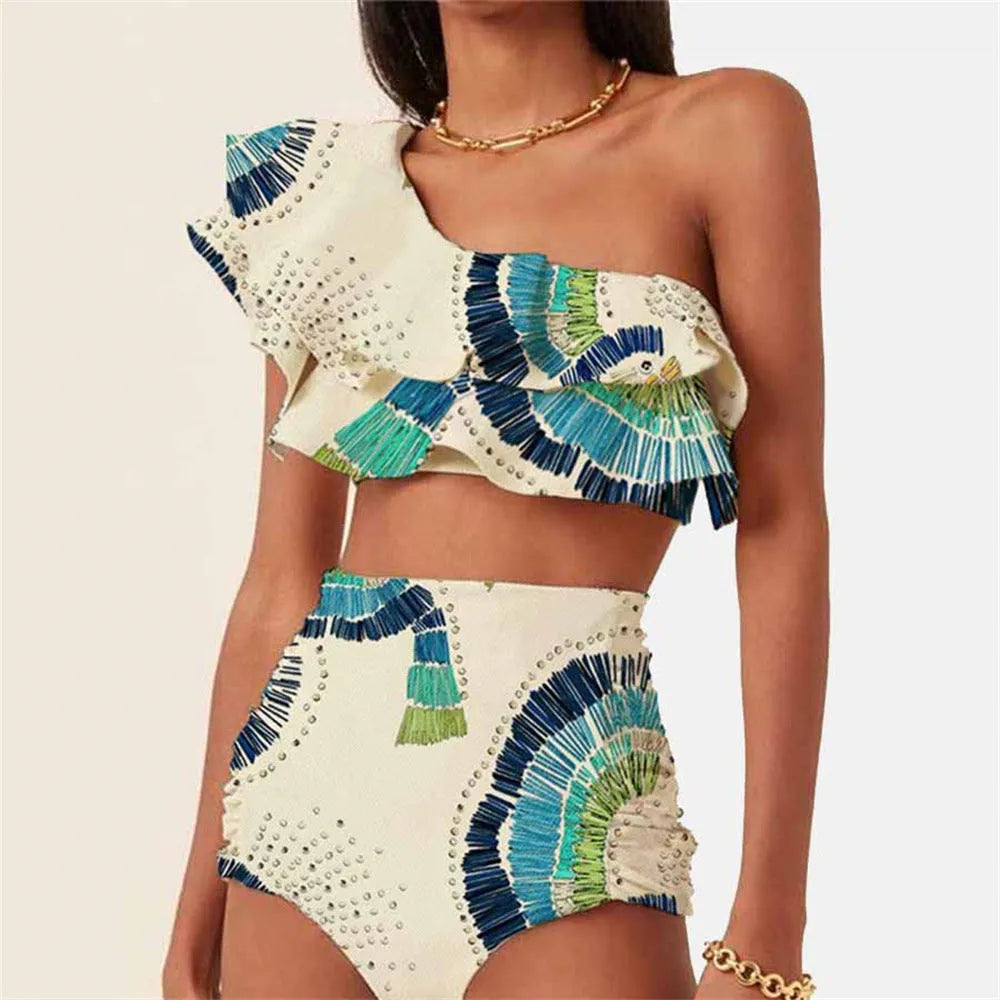 White women's one-shoulder swimsuit with lotus leaf detail and split side design