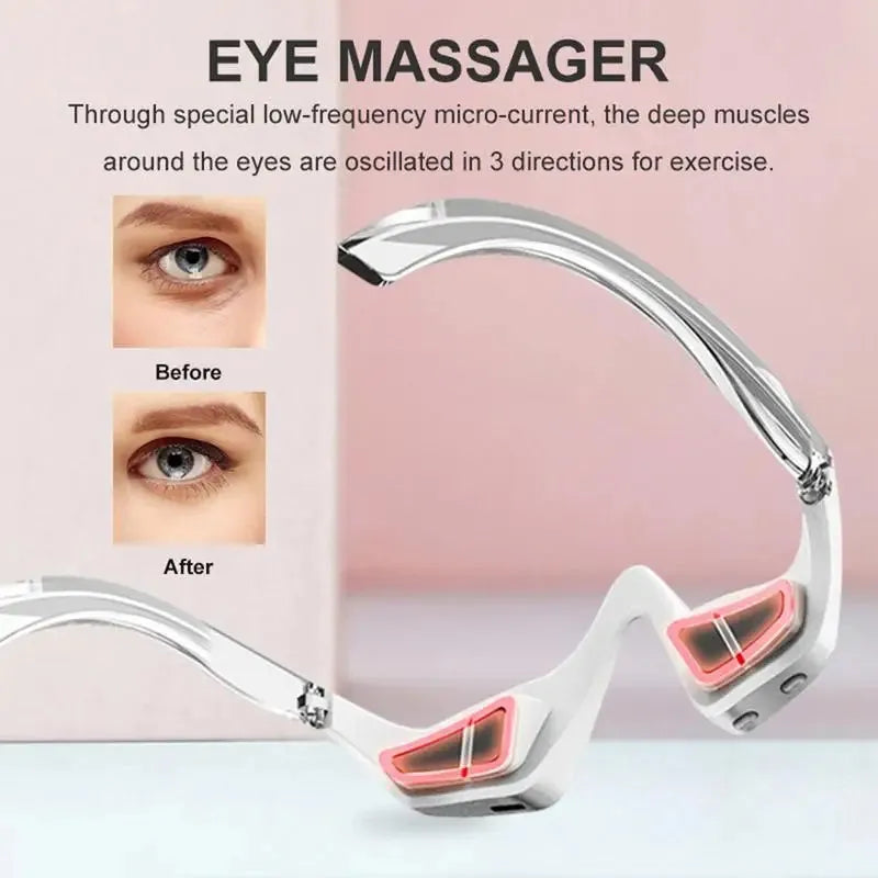 Pink and white 3D micro-current eye massager shaped like glasses on a grey background.