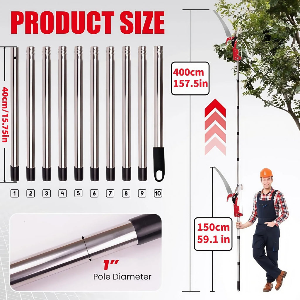 Pull rope pruning shears with 8-section metal pole extended to 3.3 metres for high branch cutting