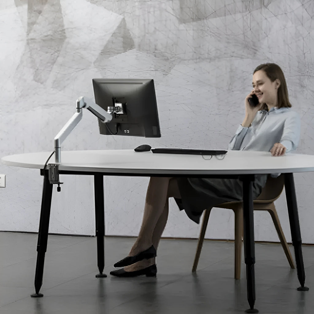 Silver aluminium computer stand with adjustable air pressure arm bracket for laptop support