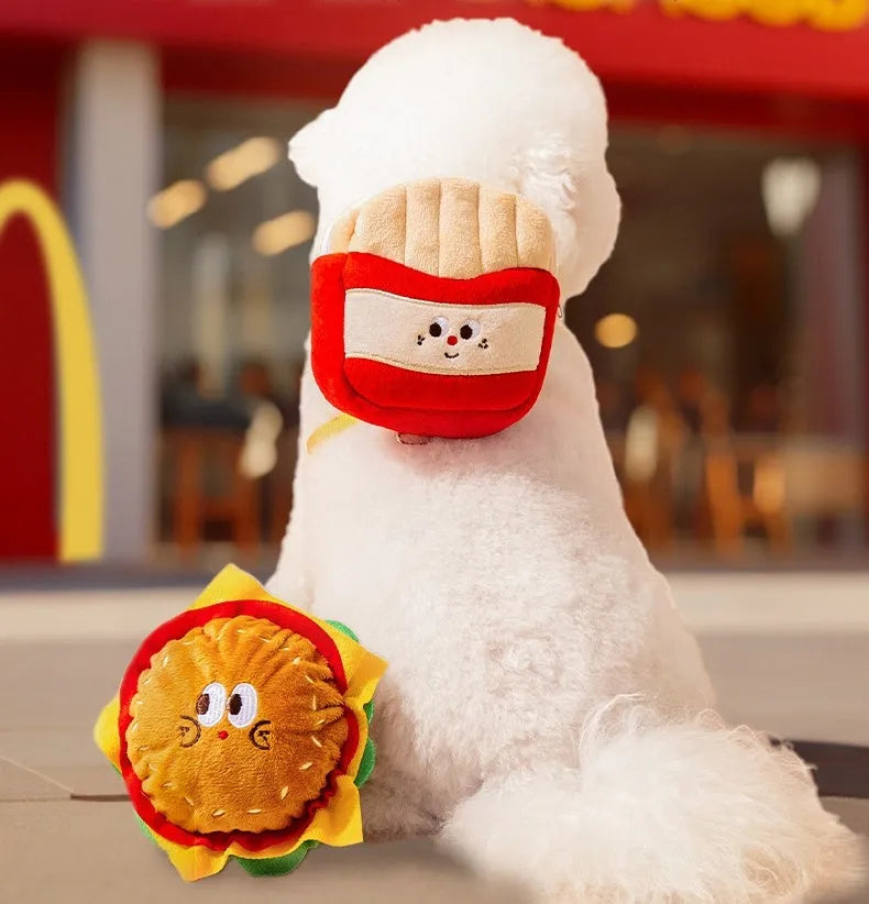 Cartoon hamburger print adjustable vest leash for a small dog, showing backpack-style escape-proof design.