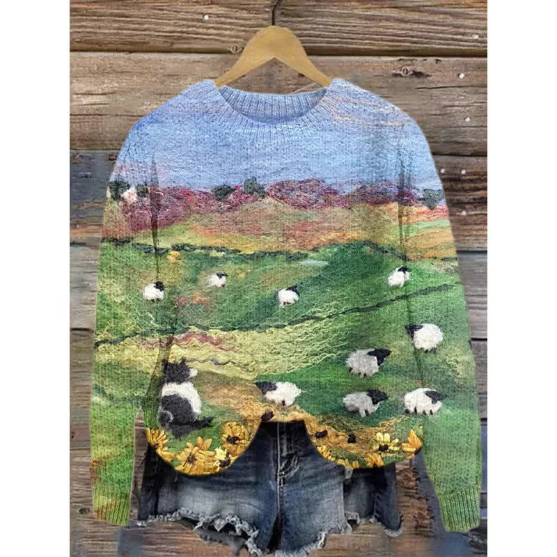 Little Flower digital printed round neck long sleeve sweater on a hanger.