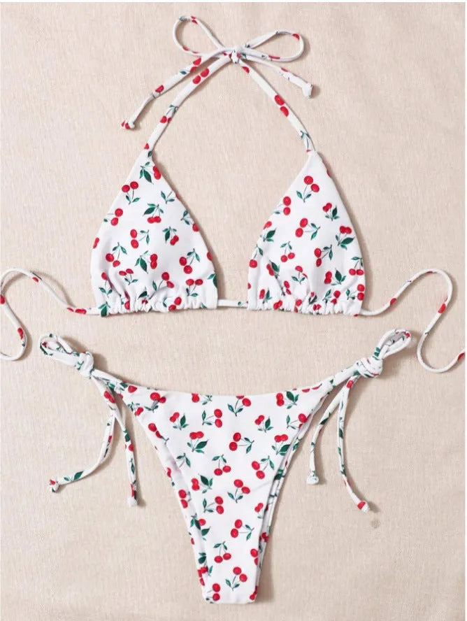Women's holiday split halter bikini swimsuit in Picture Colour with backless design