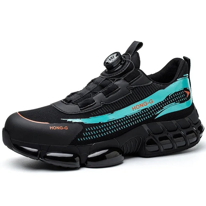 Lightweight black anti-smash safety work shoes with front lacing and a steel toe cap