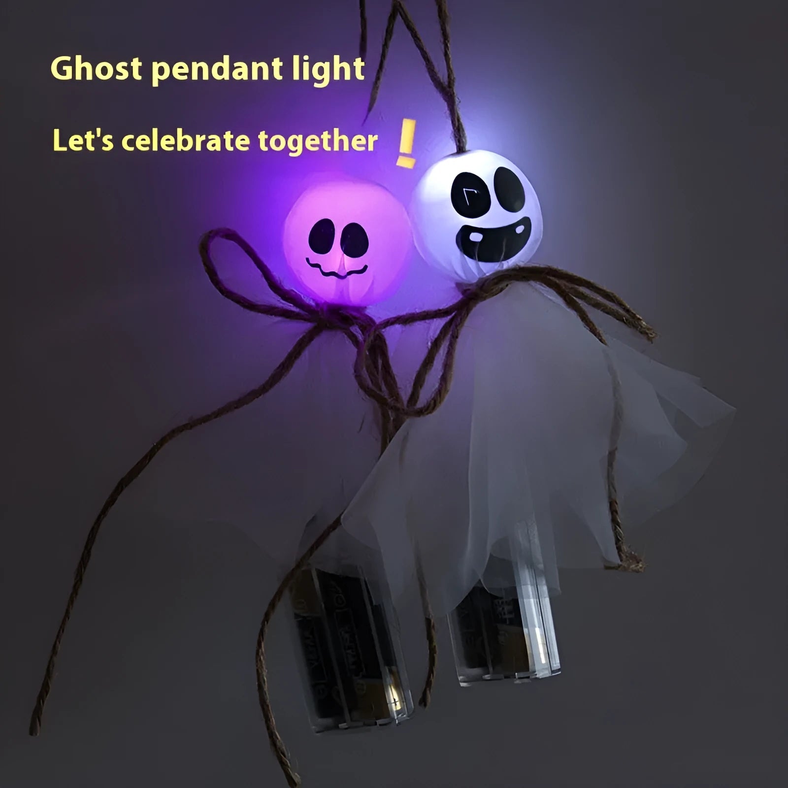Halloween ghost LED lighting chain with colourful battery-operated lights showing six different ghost design variations