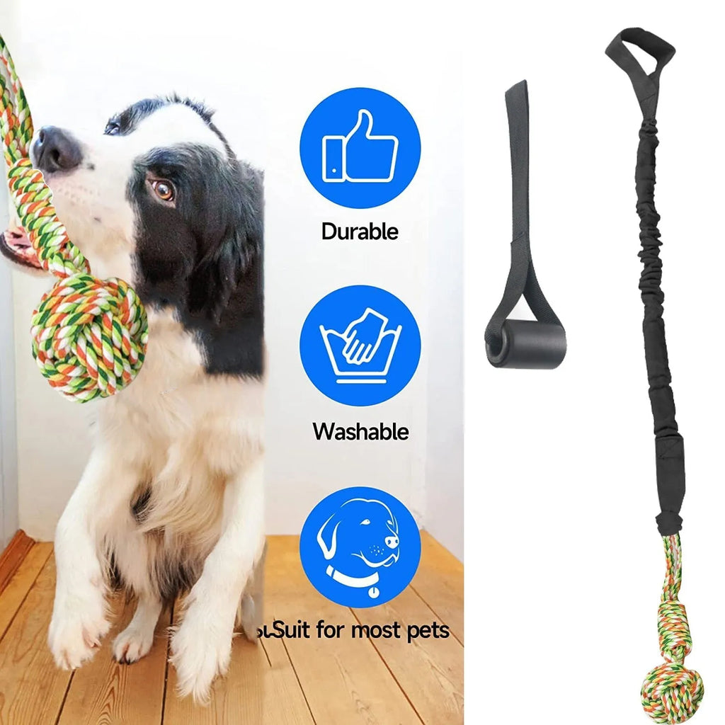 A long, woven cotton rope dog tug toy shown in a choice of black, grey, or red.
