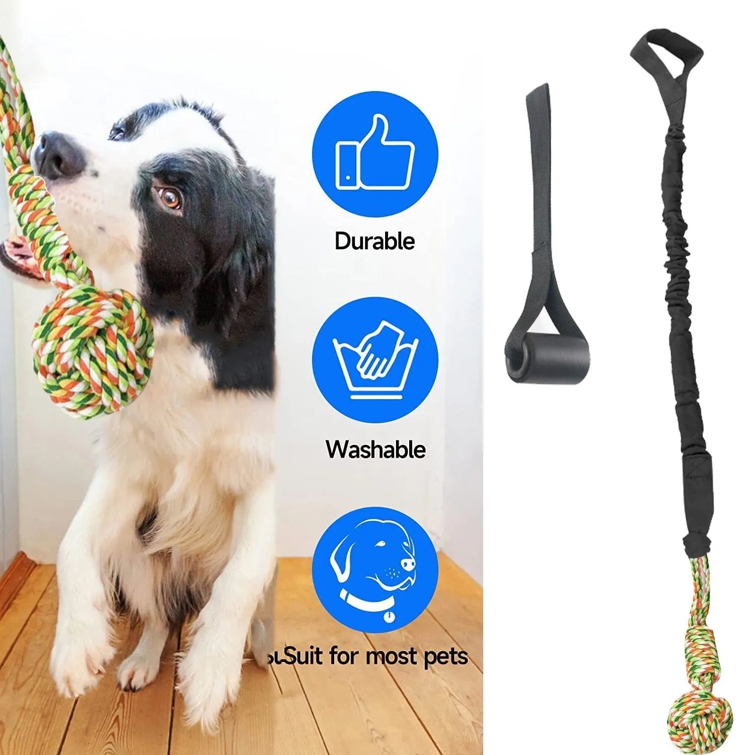 A long, woven cotton rope dog tug toy shown in a choice of black, grey, or red.