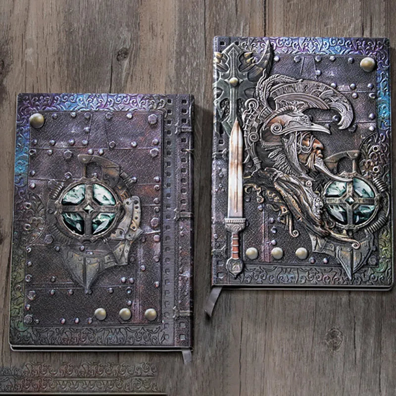 A5 leather notebook with 3D embossed warriors relief design on the cover, shown in bronze colour.