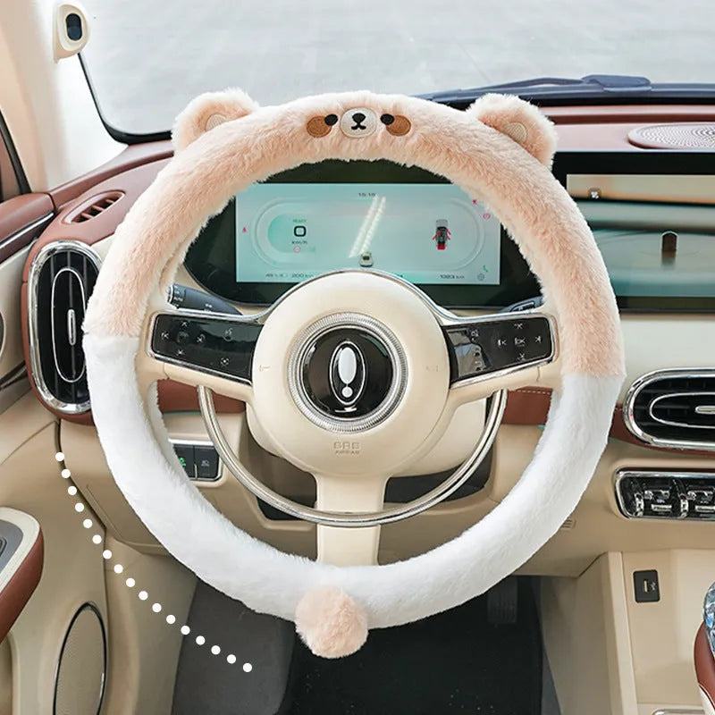 Plush winter steering wheel cover with embroidered cartoon animal, 38cm diameter.