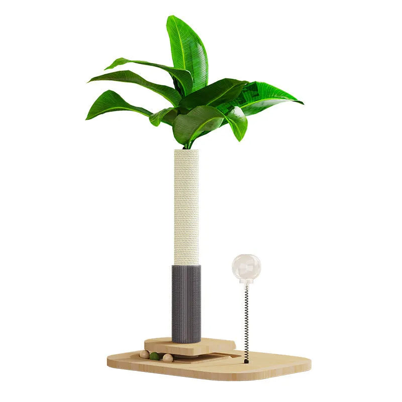 Wooden vertical cat scratching post with a cannulated grab column and a food drop ball.