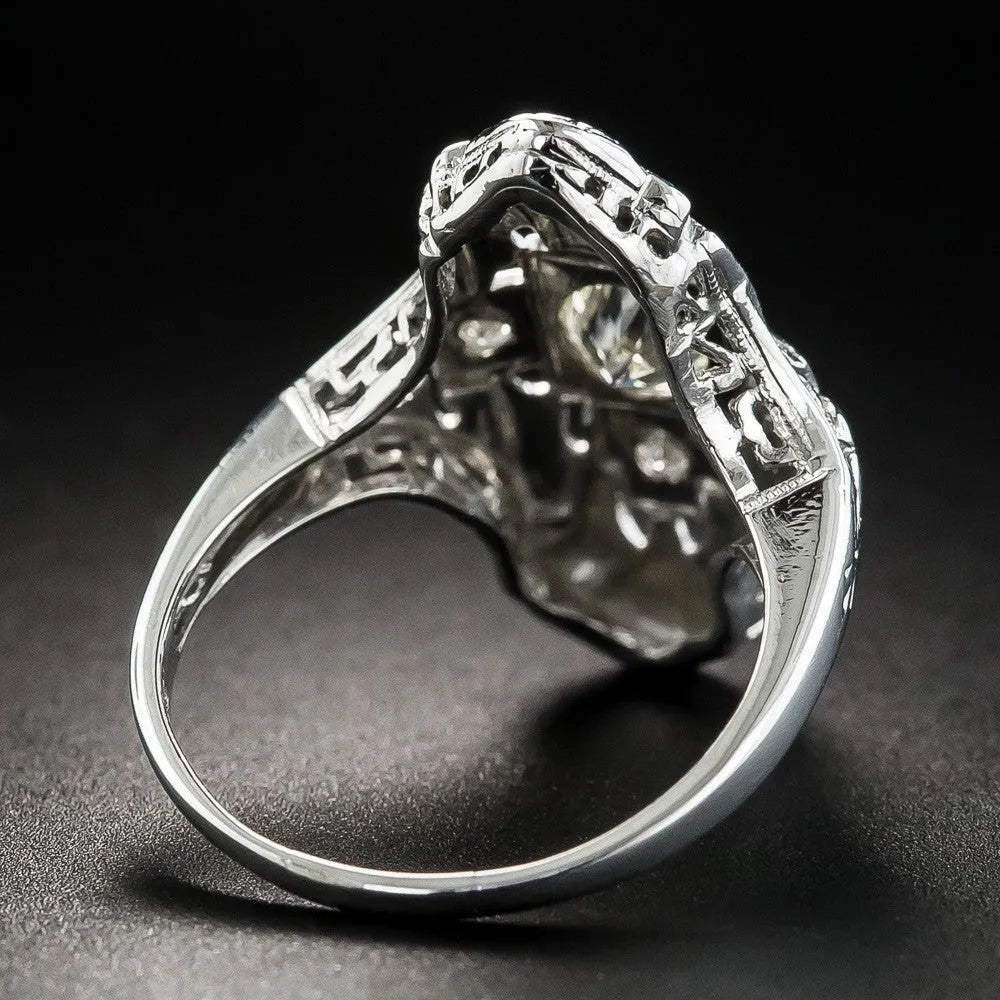 Silver electroplated copper ring with hollow-out geometry design and diamond studs