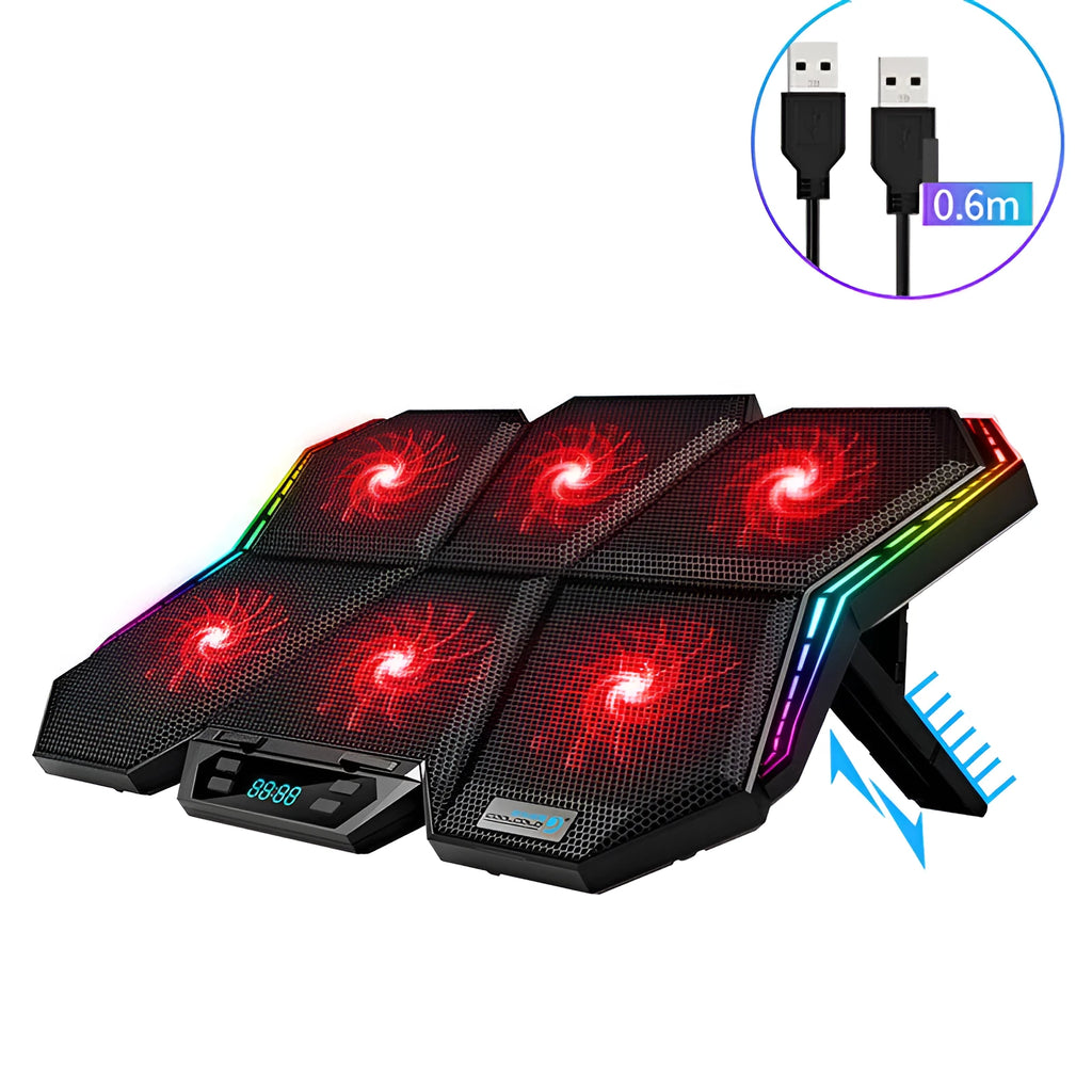 Black and red notebook cooling pad with six visible fans and a USB cable.