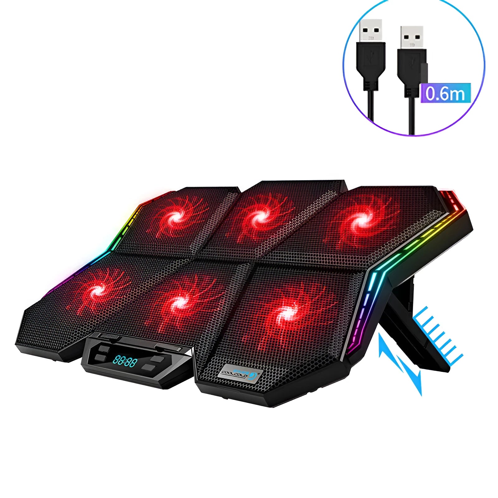 Black and red notebook cooling pad with six visible fans and a USB cable.