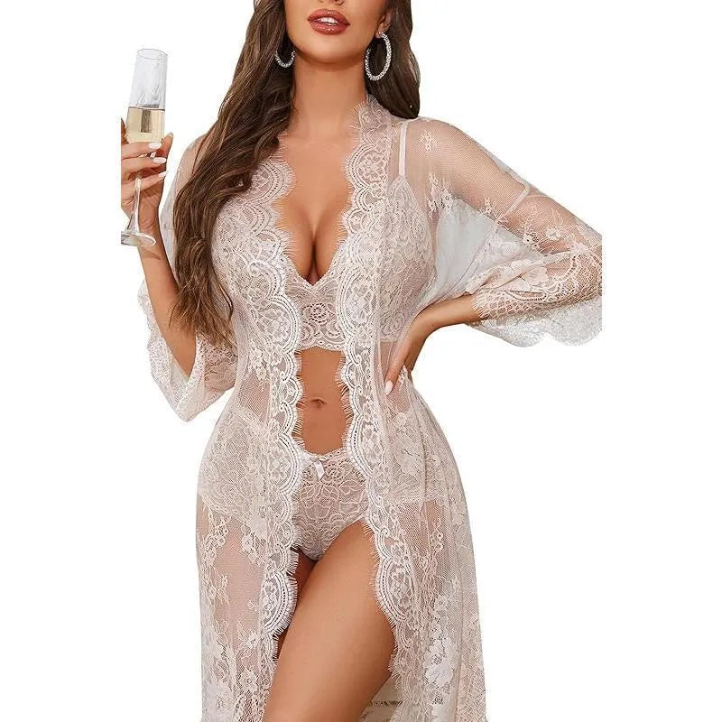 Ladies lace underwear set in apricot colour showing front detail, made from soft polyester fabric.