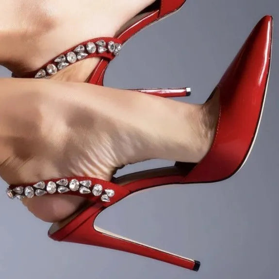 Women's black patent leather pointed-toe high heel sandals with side rhinestone decoration.