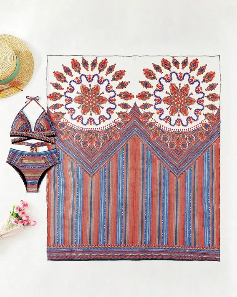 Women's three-piece swimsuit set featuring a high-waist brief, a cutout blouse, and a coat, shown in picture colour.