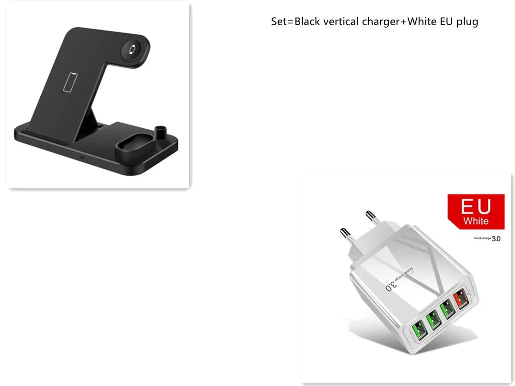 White 4-in-1 wireless charging station with phone on adjustable stand, Apple Watch, AirPods and Apple Pencil charging.