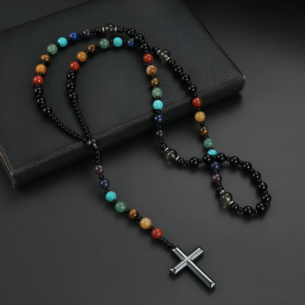 Handmade multicolor natural stone cross necklace with mixed gemstone inlay pendant on beaded chain