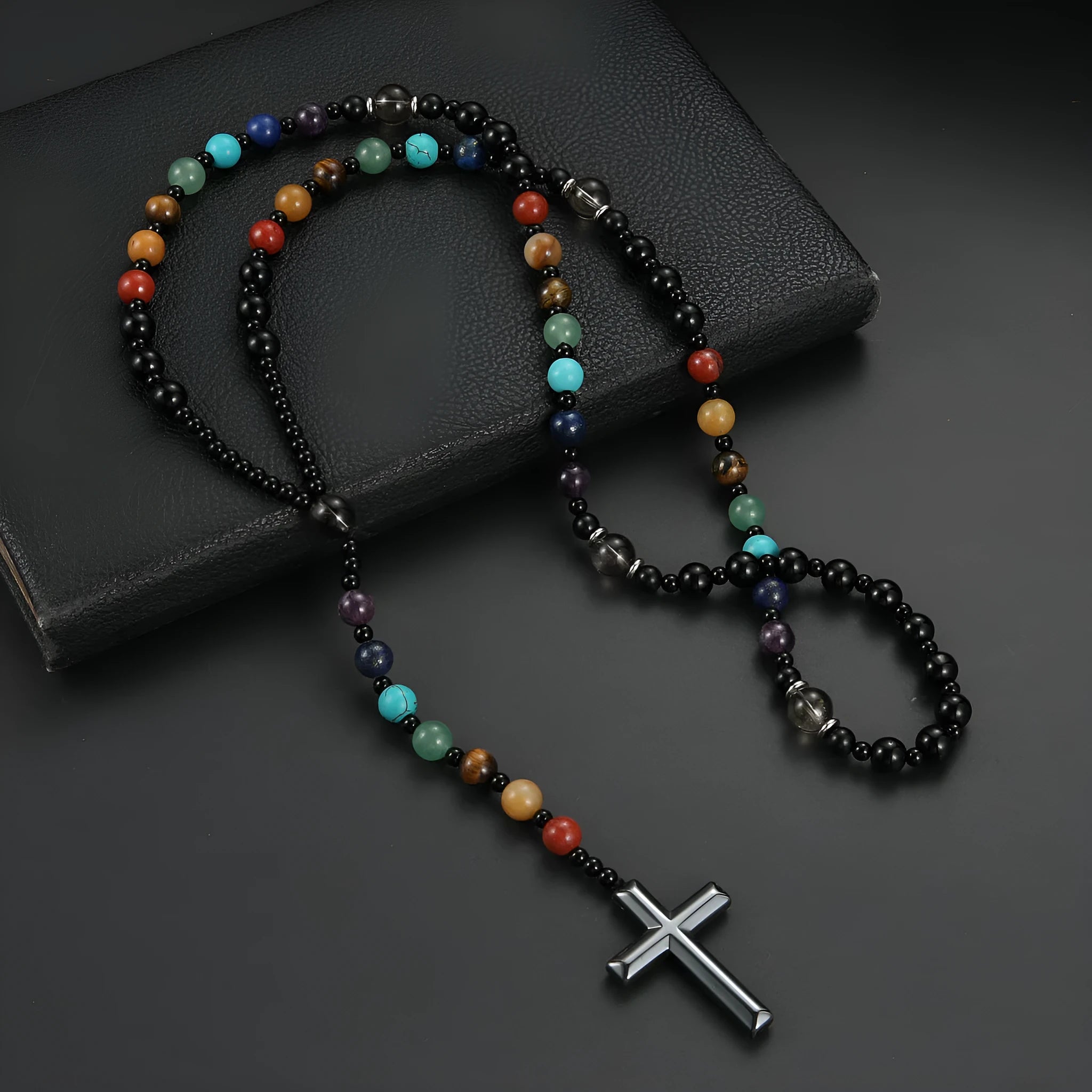 Handmade multicolor natural stone cross necklace with mixed gemstone inlay pendant on beaded chain