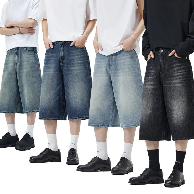 Men's loose-fit cropped denim shorts in straight-leg style for summer casual wear