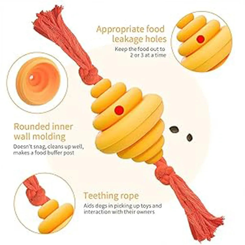 Green and yellow dog ball with integrated rope, hollow treat-dispensing design