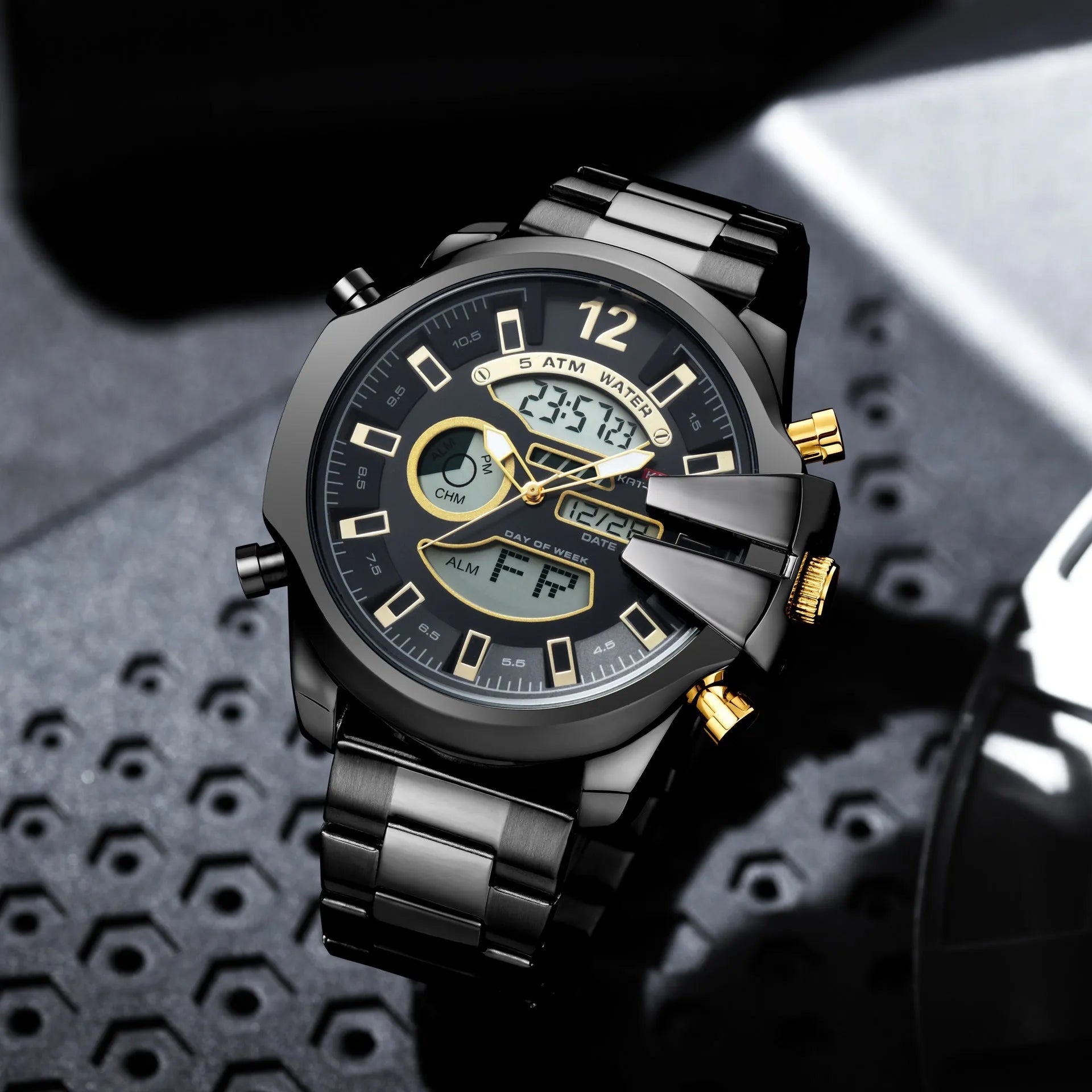 Men's dual display alarm LED sports watch with 55mm round mineral glass dial and stainless steel strap, black colour