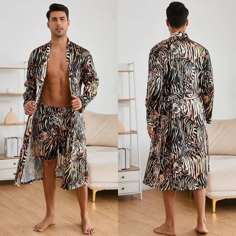 Men's tiger pattern print bathrobe and matching shorts set laid flat.