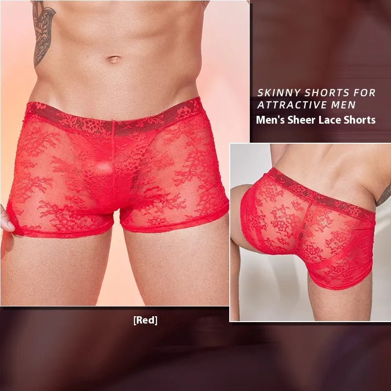 Nylon lace men's boxers in black, white, and red colours, free size.