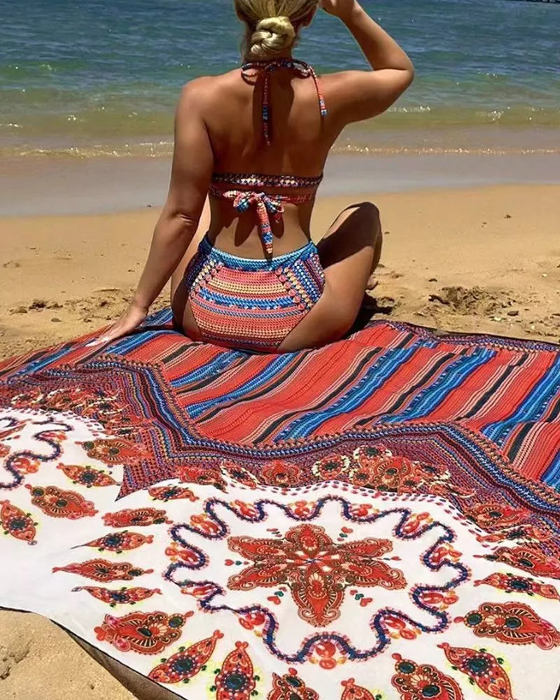 Women's three-piece swimsuit set featuring a high-waist brief, a cutout blouse, and a coat, shown in picture colour.