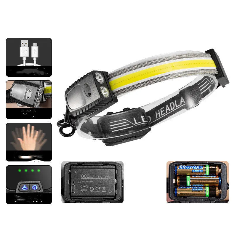 Black multifunctional headlamp with COB and XPE LEDs featuring gesture sensing control