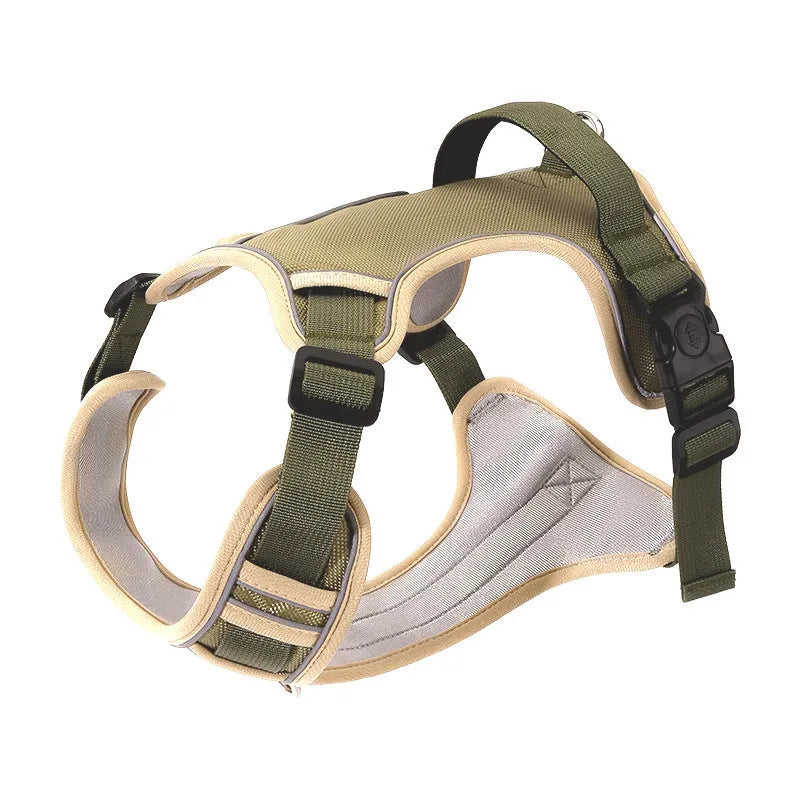 Pet chest strap harness in Army Green Oxford cloth with dog hand holding rope, suitable for 4kg-24kg dogs