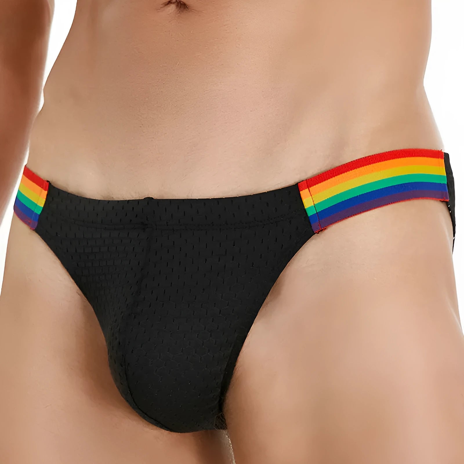 Men's nylon mesh briefs with low waist design and rainbow waistband in black, white, and dark blue colours