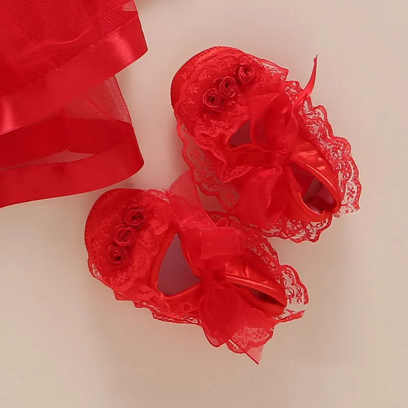 Korean style baby girl red lace princess dress with matching red shoes and large flower hairband