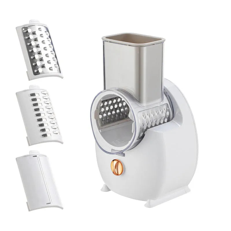 White electric vegetable slicer with rotary blade system and suction base for kitchen food preparation