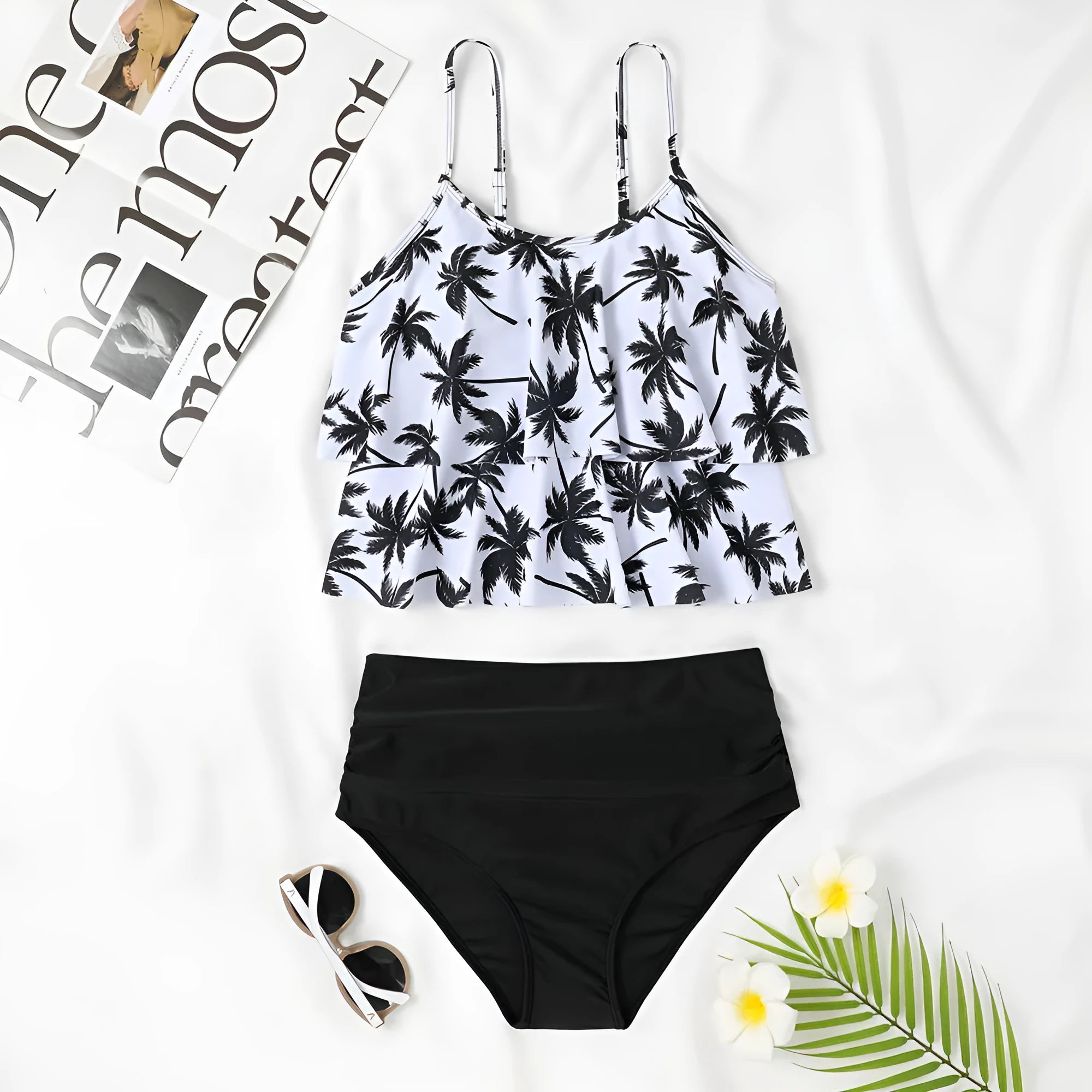 High waist double-layer swimsuit in black and coconut tree print, showing front view.
