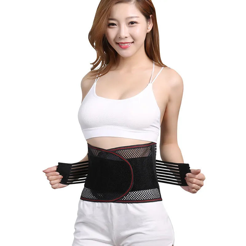 Black breathable sports waist support belt with internal steel plate shown on a plain background.