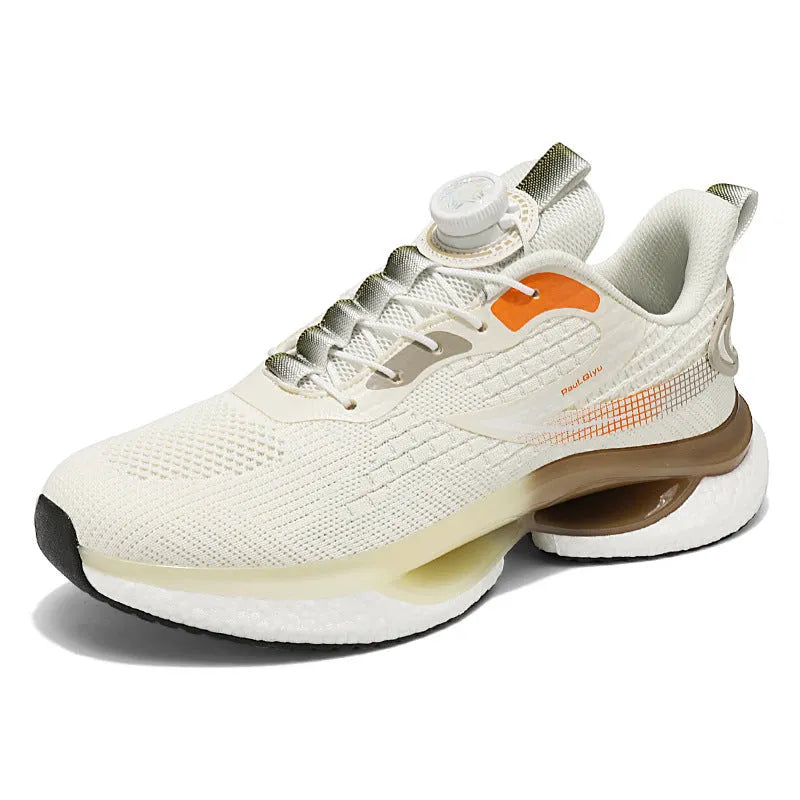 Rotating button running shoes in beige with Fly-kit mesh upper and buckle fastening