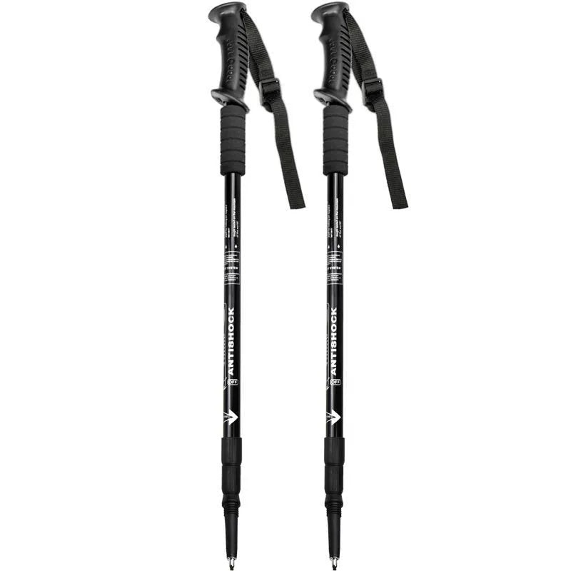 Aluminium telescopic trekking poles with multiple tip accessories in black, blue, silver, or red.